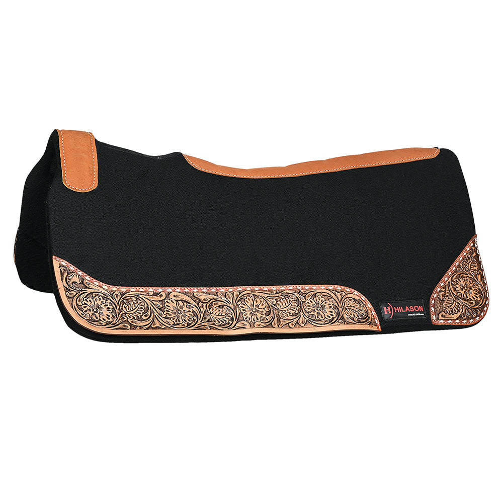HILASON Western Wool Felt Horse Saddle Pad W/ Distressed Wear Leather Hand Tooled | for Horses