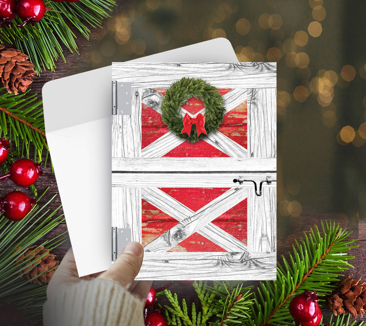 Horse Boxed Christmas Cards | Barn Door Wreath | 8 Holiday