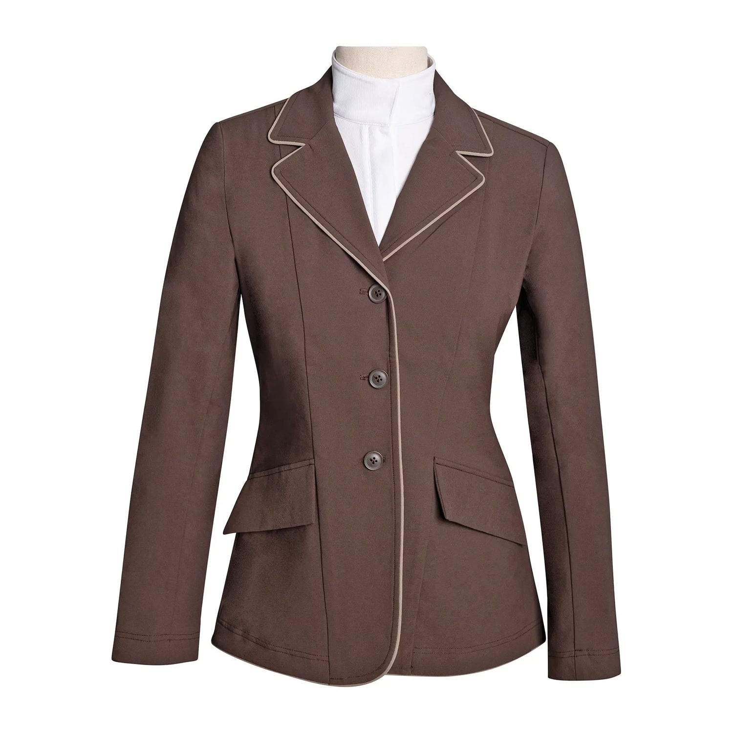 Grand Prix Ladies EQJ 3 Button Show Coat, Chocolate with Tan Piping