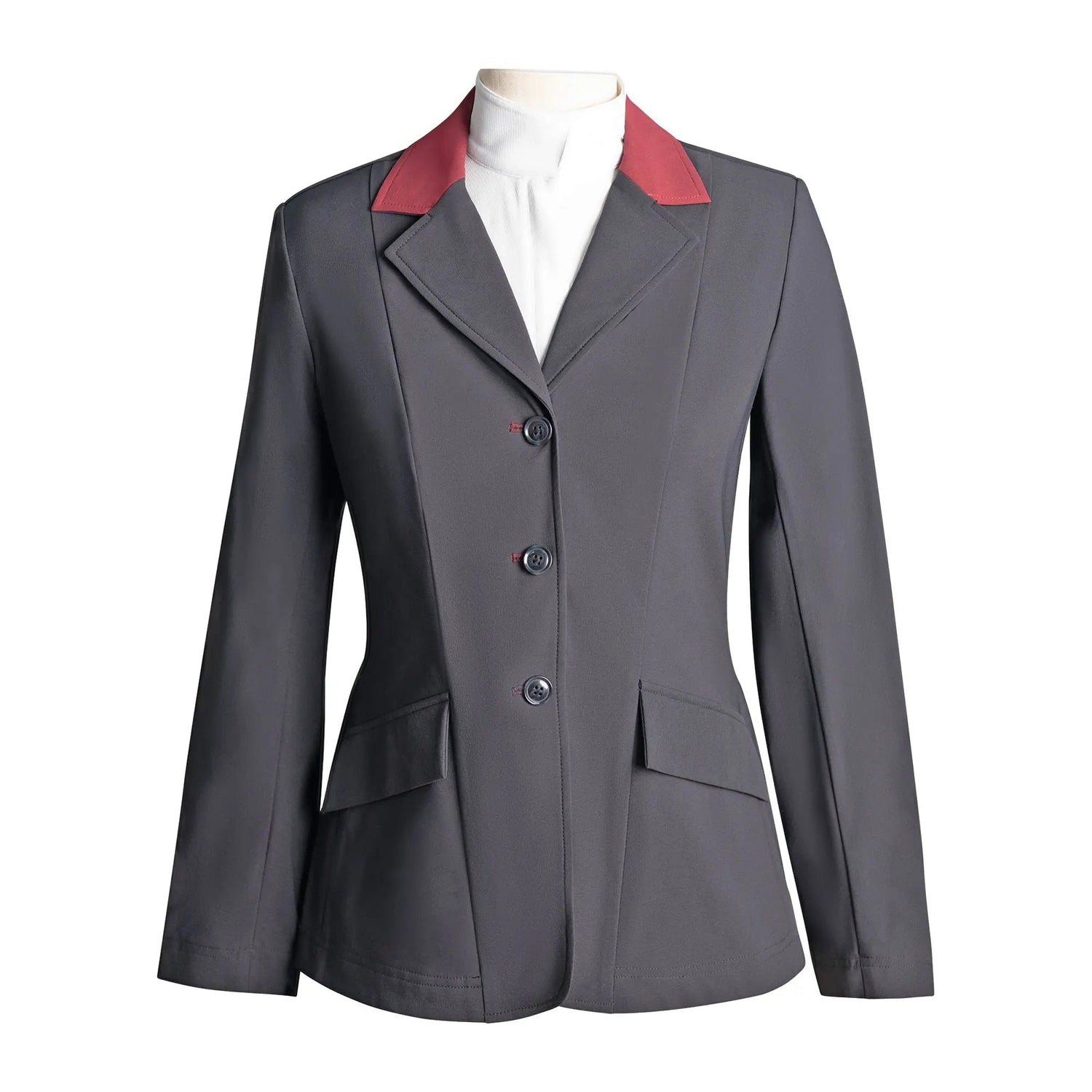Grand Prix Ladies EQJ Classic 3 Button Show Jacket, Black with Burgundy Collar