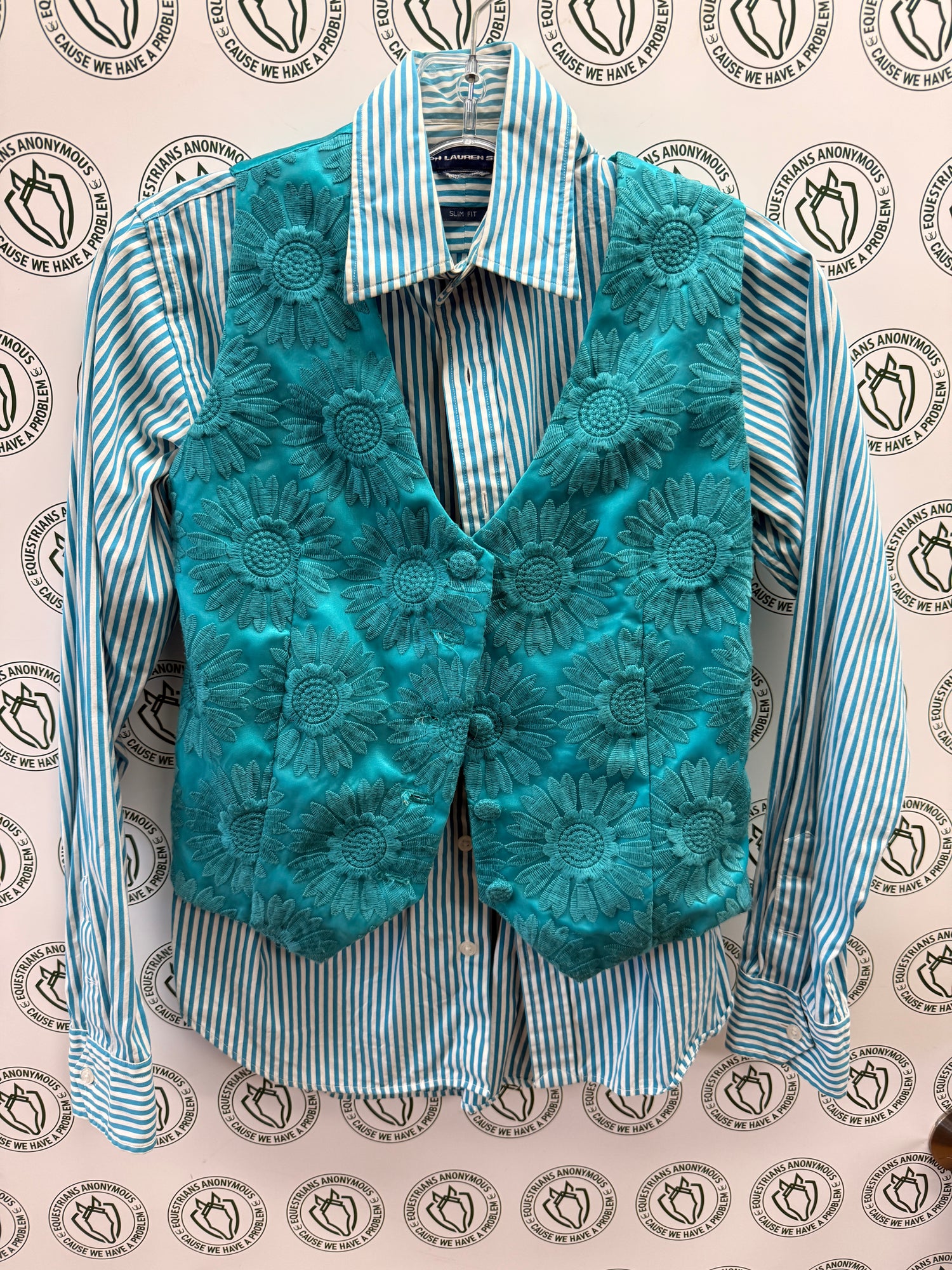 S Women's Teal striped Shirt with Teal vest Show Clothing