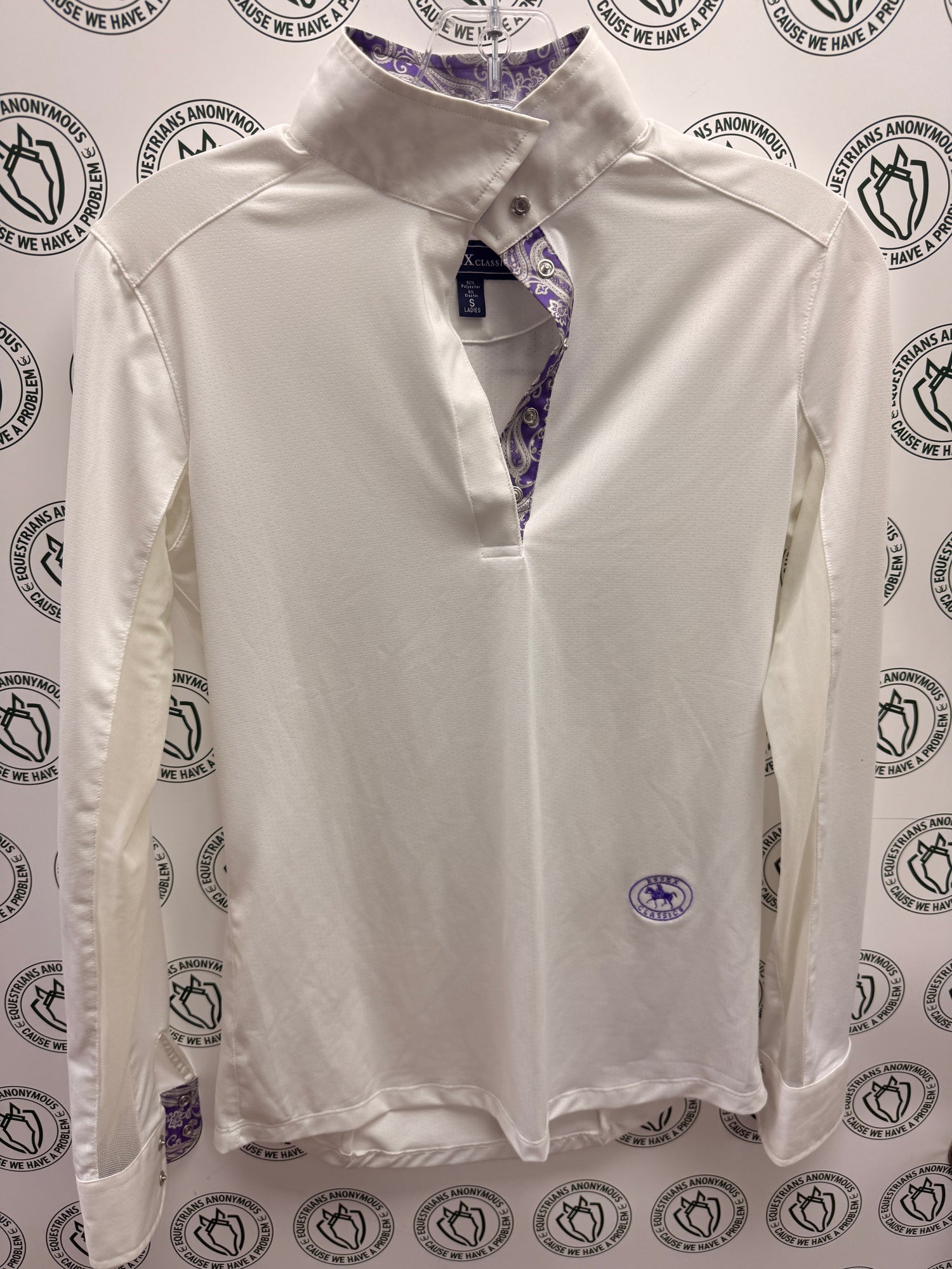 S Ladies Essex White Show Shirt Purple Paisley Collar