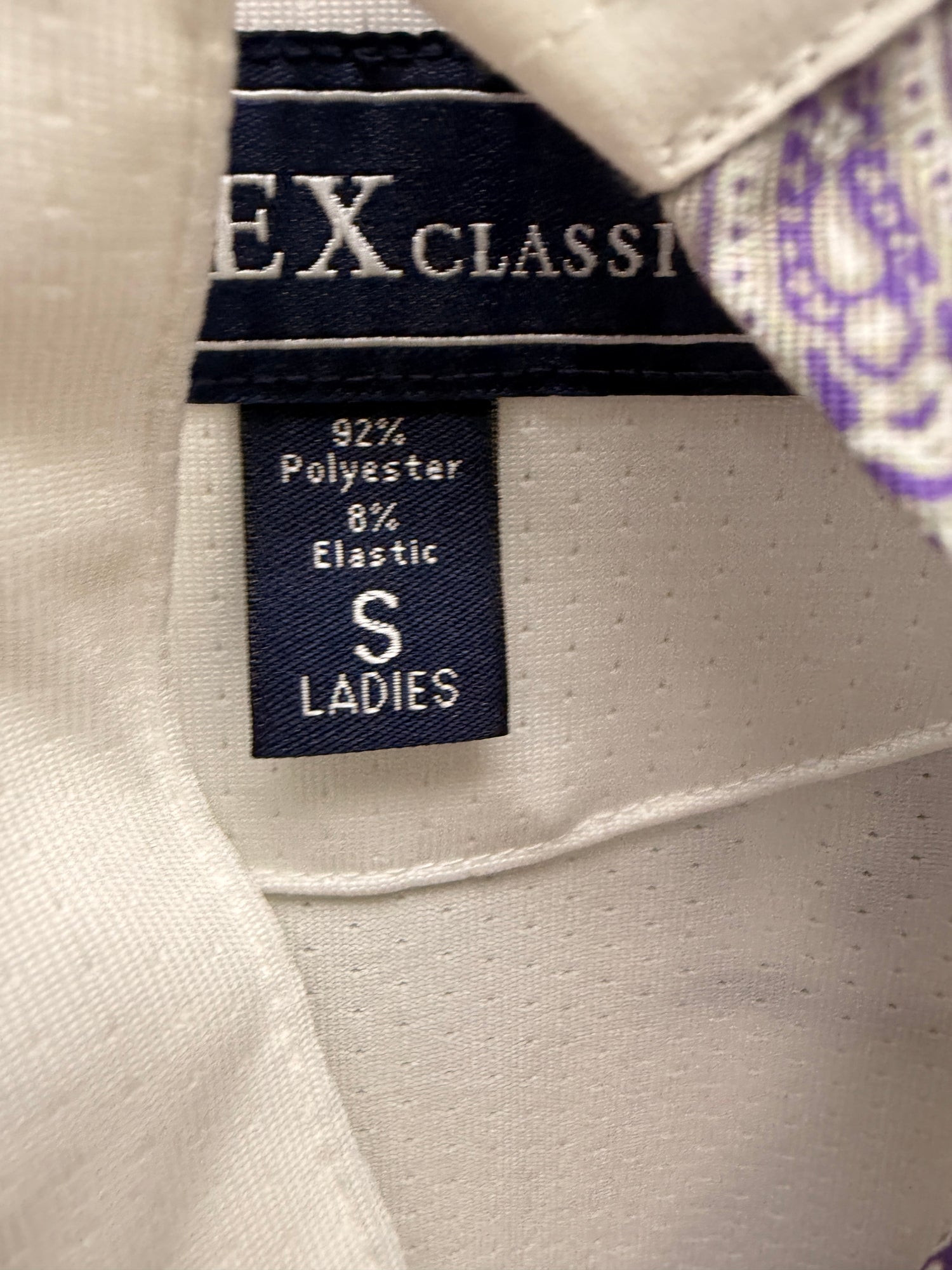 S Ladies Essex White Show Shirt Purple Paisley Collar
