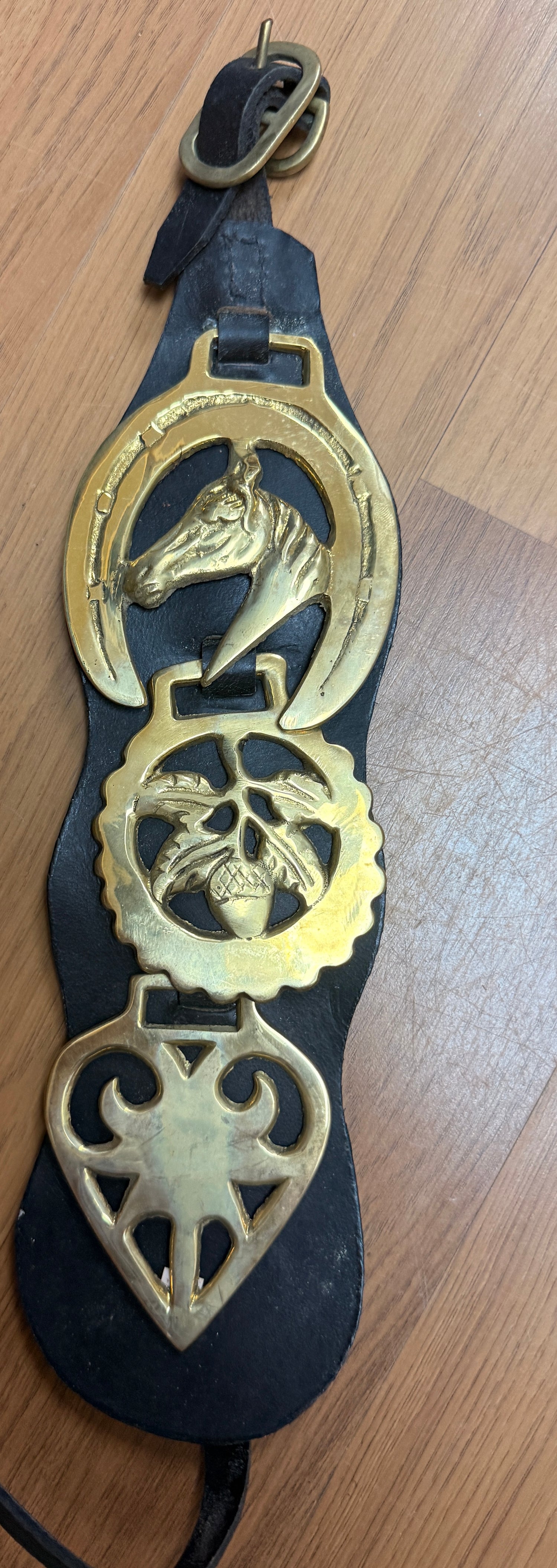 harness brass medallions on leather strip set of 3 medallions on leather strip