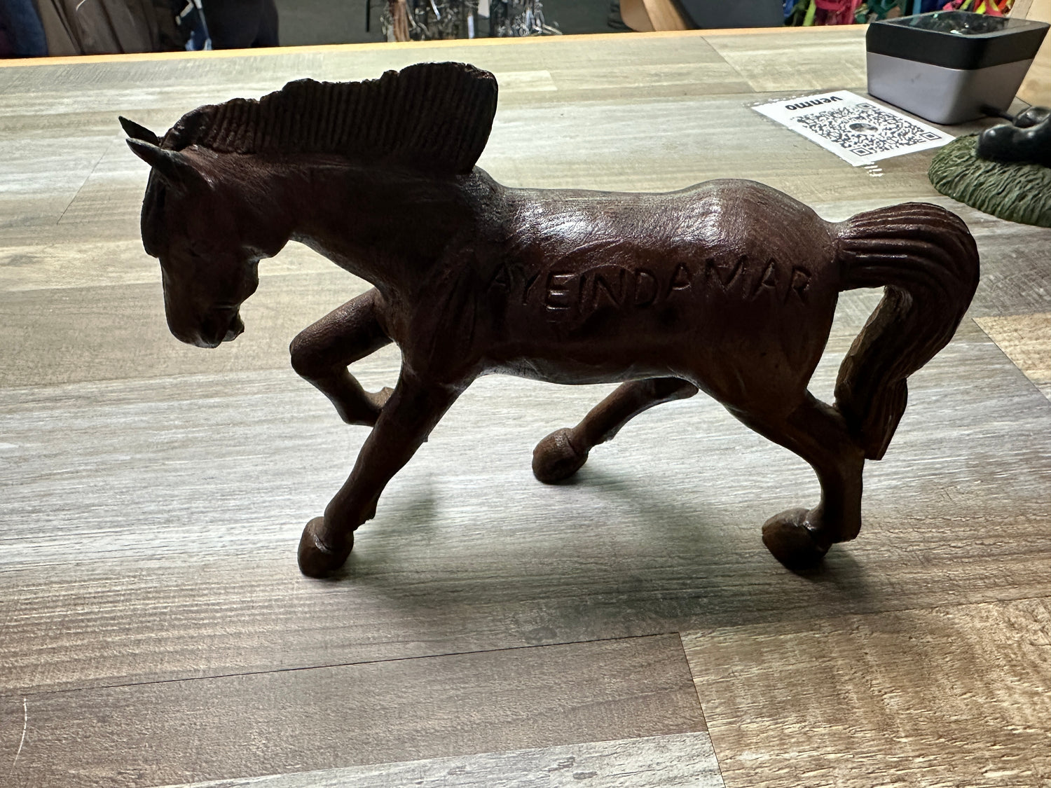 Small Horse wood sculpture with AYEINDAMAR across side