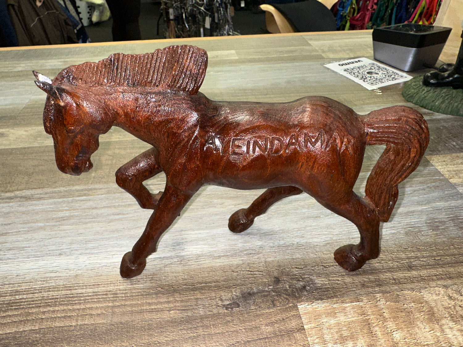 Small Horse wood sculpture with AYEINDAMAR across side