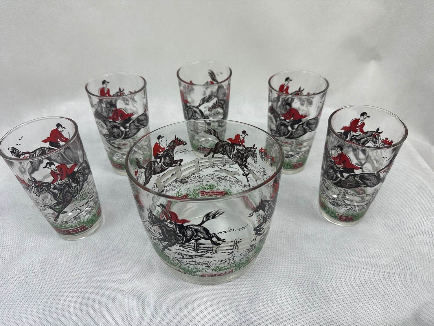 Vintage Hazel Atlas Fox Hunting Glass Ice Bucket and 5 Glasses