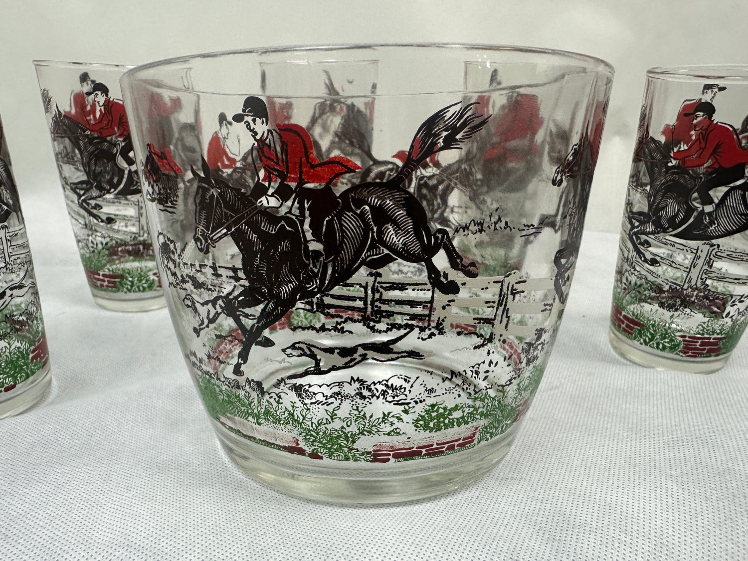 Vintage Hazel Atlas Fox Hunting Glass Ice Bucket and 5 Glasses