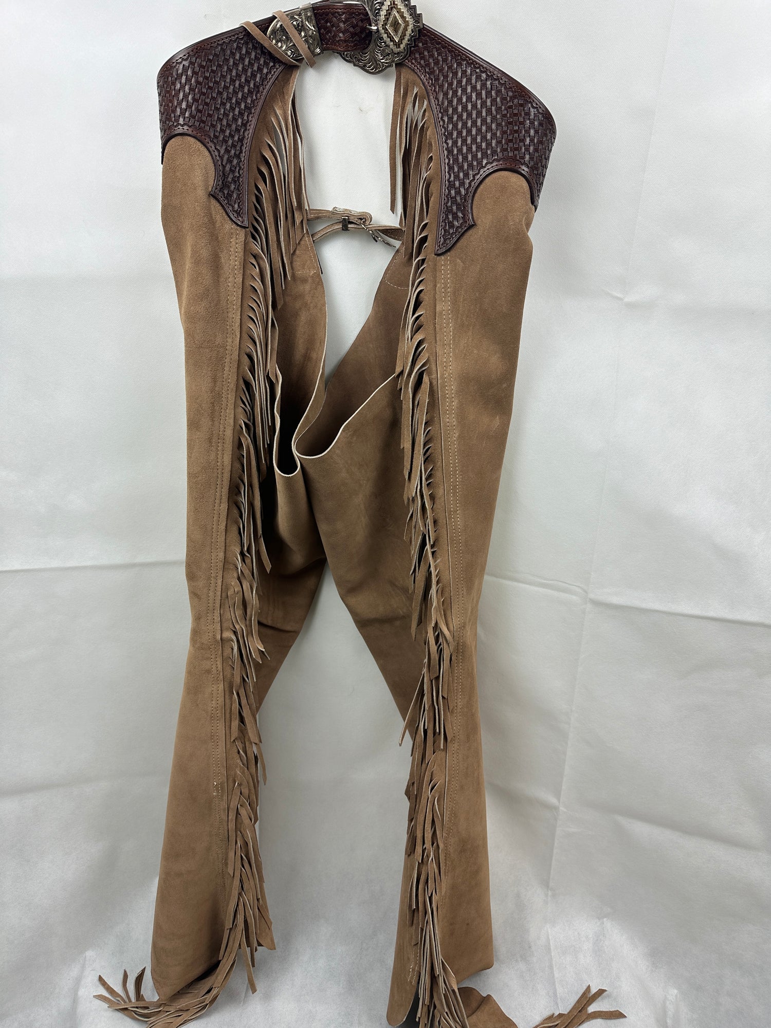 Western Show Chaps in Tan with Leather and Silver Size 34-36