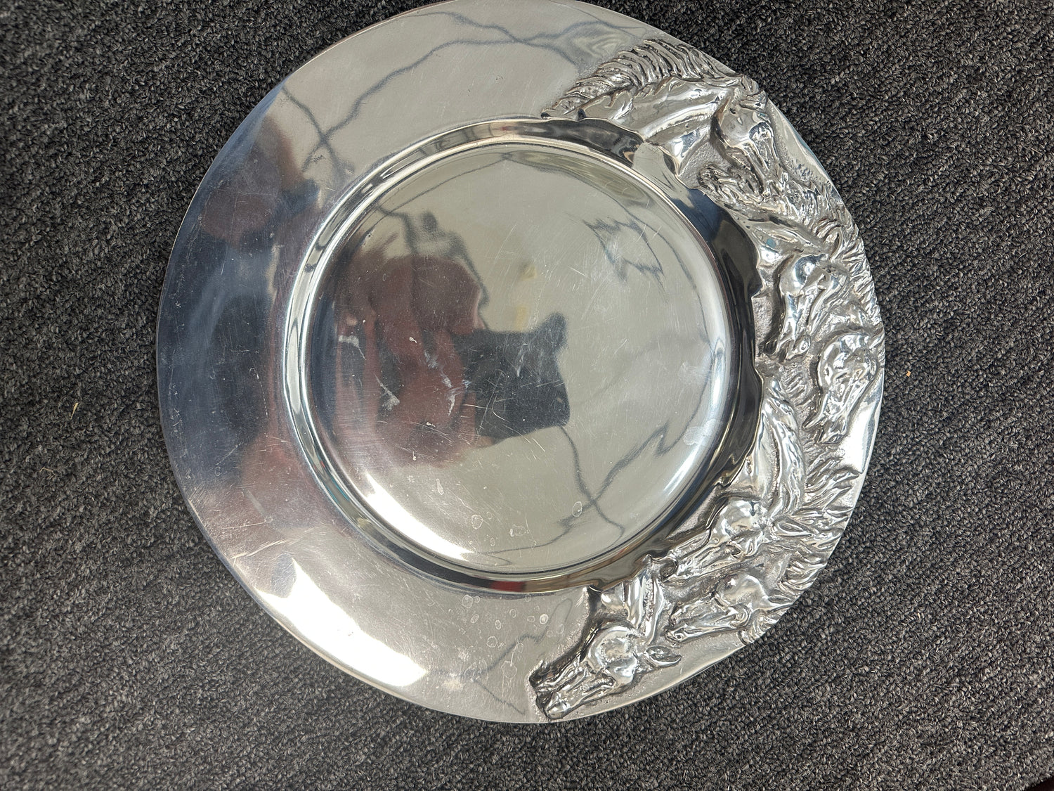 Running Horses Polished Pewter Plate 12 inch in Diameter