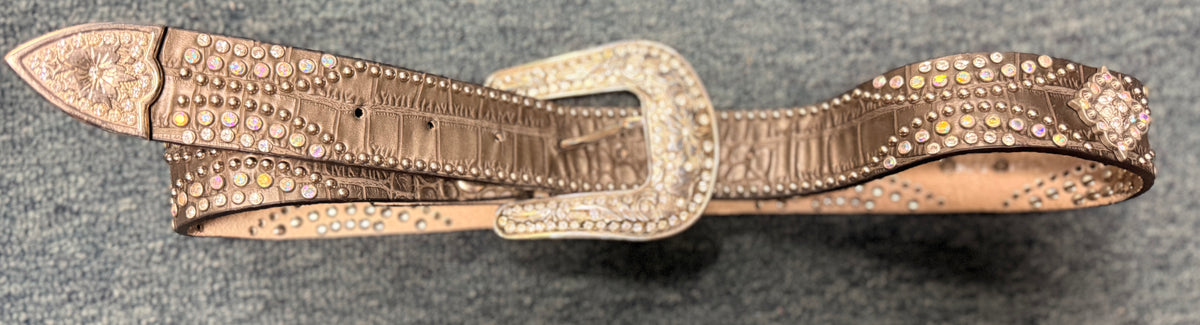 29-36 Black Leather jeweled women's belt w silver 1.5" wide