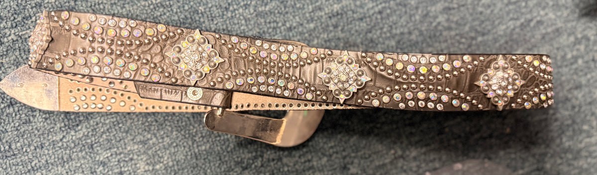29-36 Black Leather jeweled women's belt w silver 1.5" wide