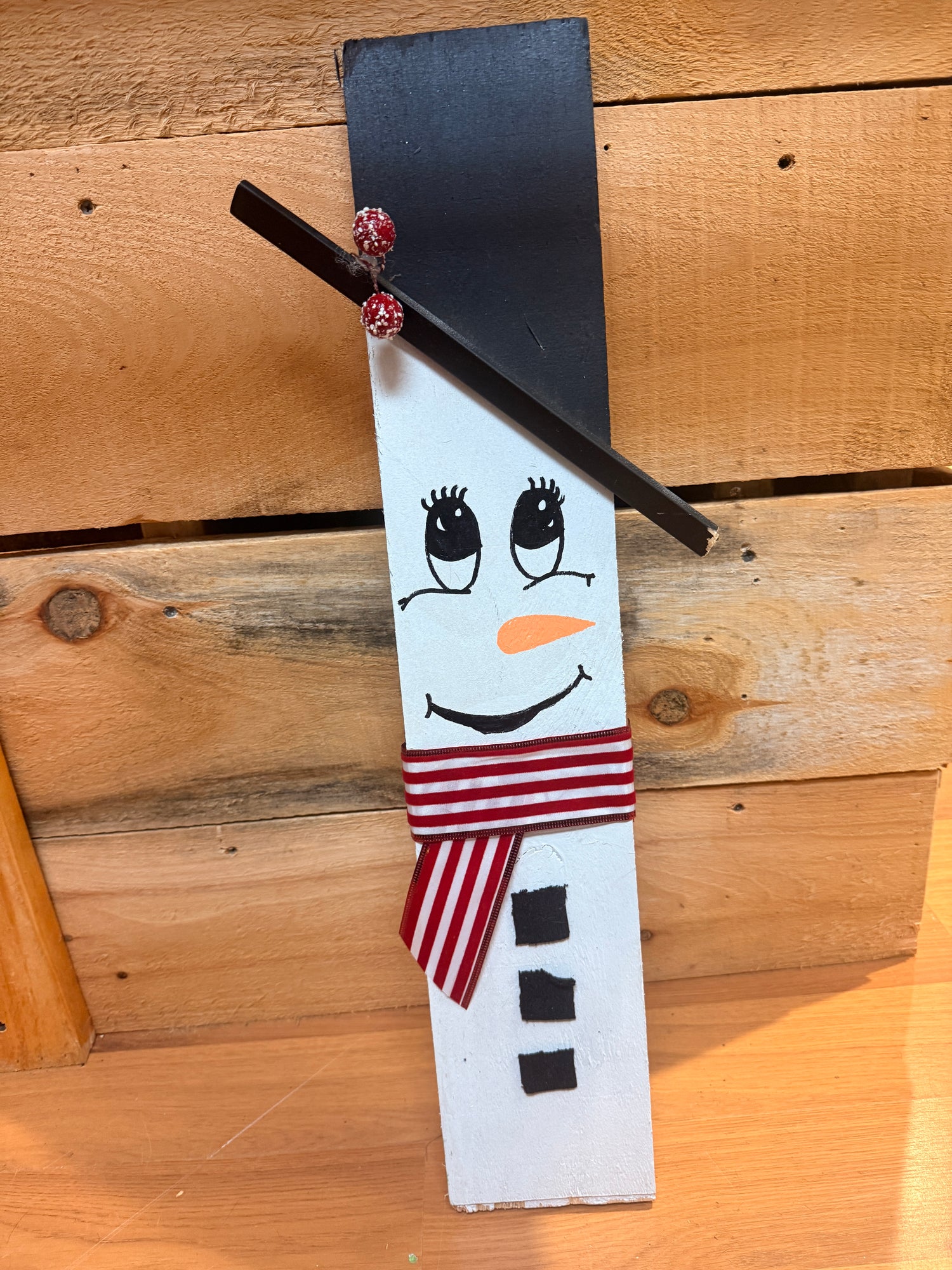 Wood Christmas porch ornaments snowman, presents, yule log.