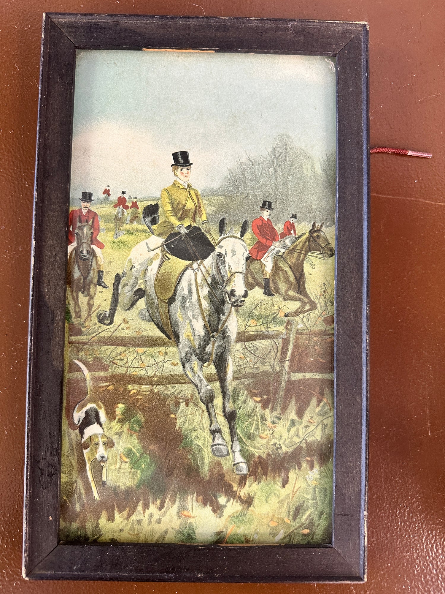 Hunt Print 5.5 in x 10 in. Grey Horse with Side Saddle rider with hound