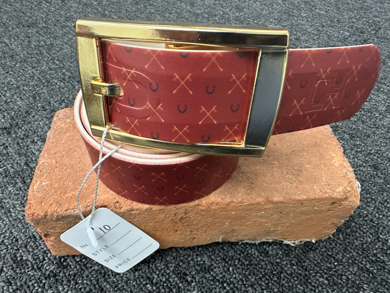 Women's C4 Belt, Red with Crops and horseshoes with gold Buckle