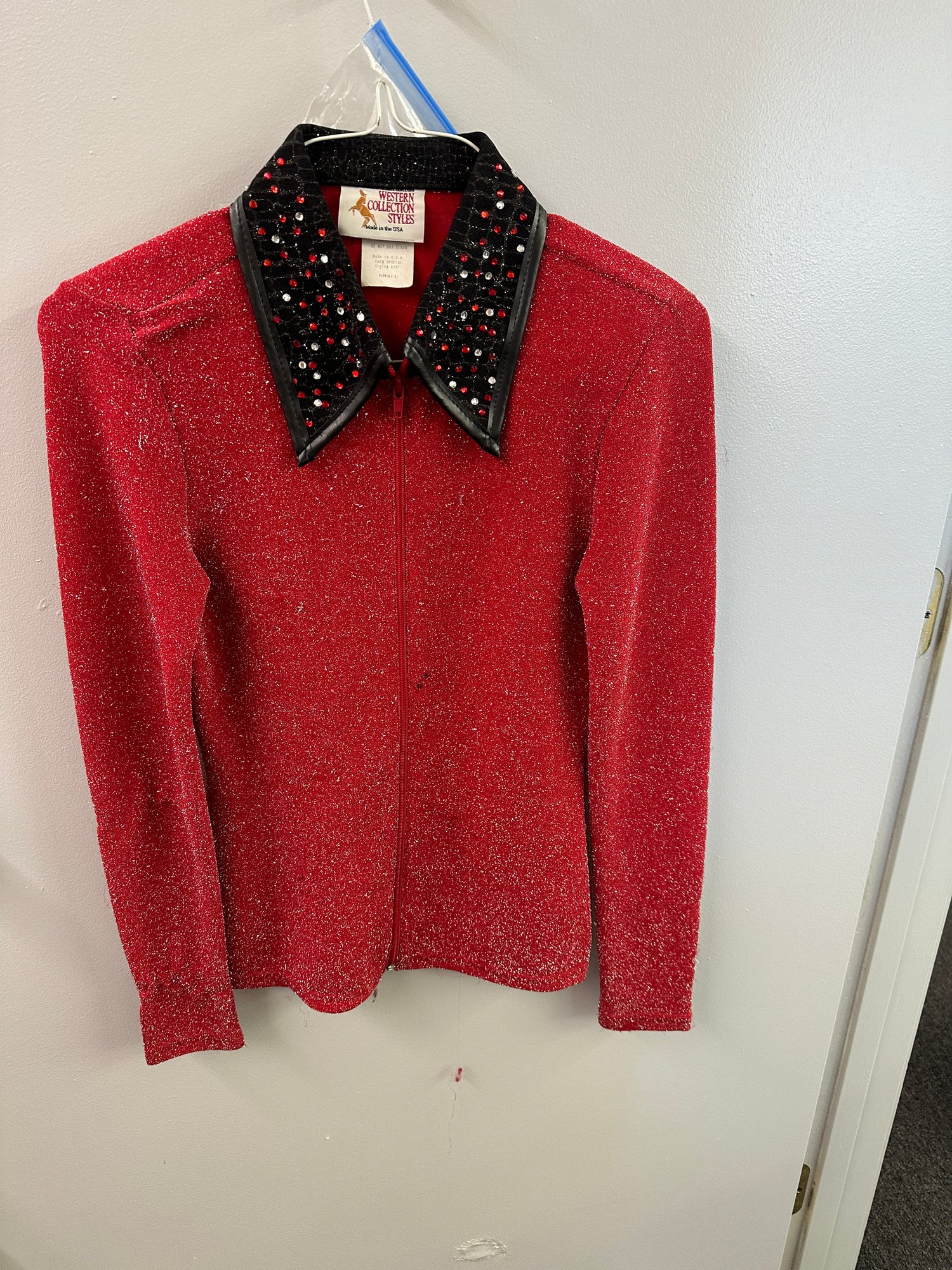 Women's Western Collection Red Sparkle Shirt  with black bling collar