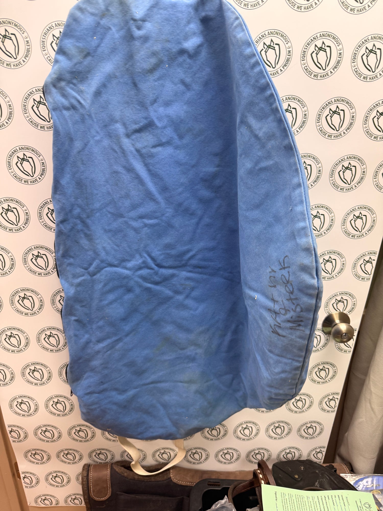 English saddle storage bag blue canvas