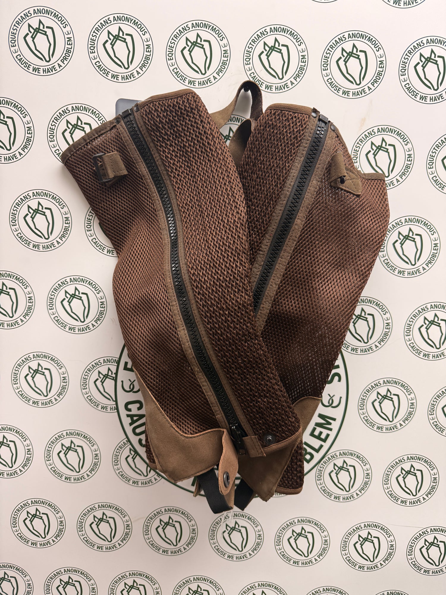 Large Tuffrider brown vented half chap with suede