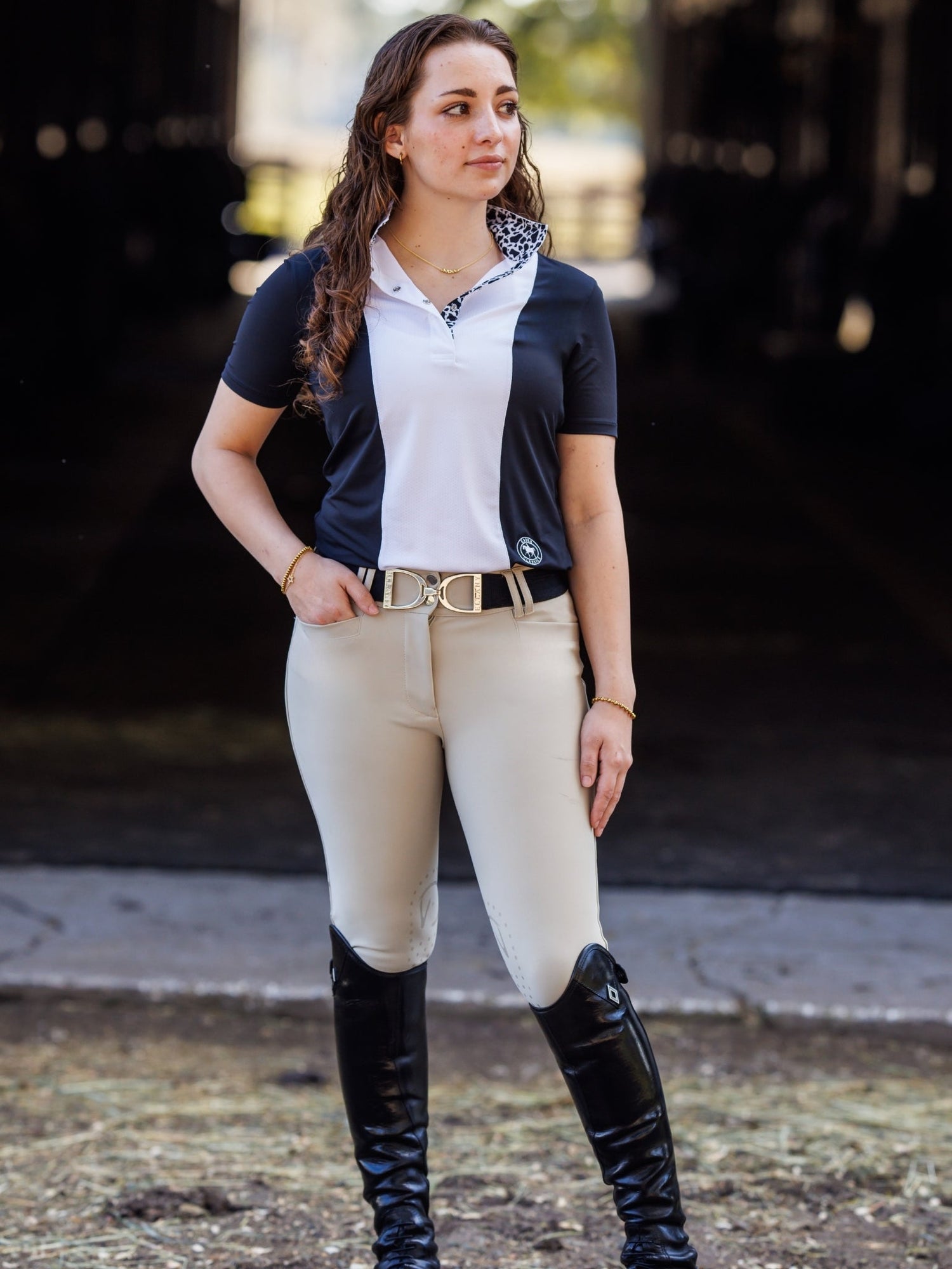 Ladies "Luna II" Black with Cows Short Sleeve Performance Show Shirt