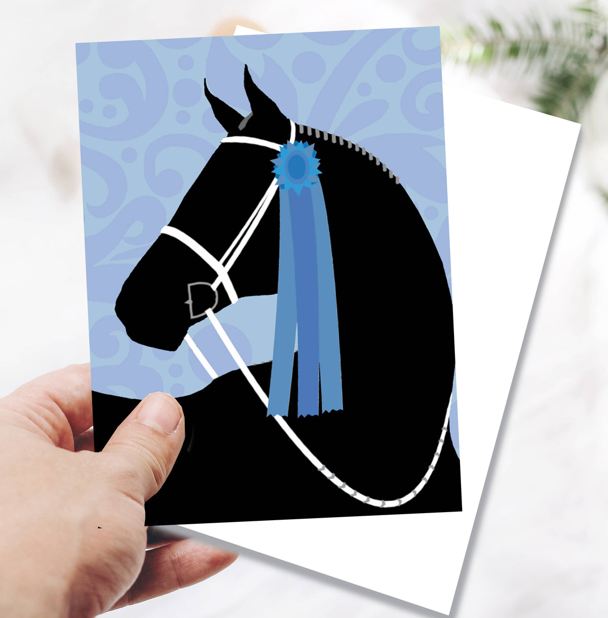 Horse Thank You Greeting Card | Black Horse Blue Ribbon