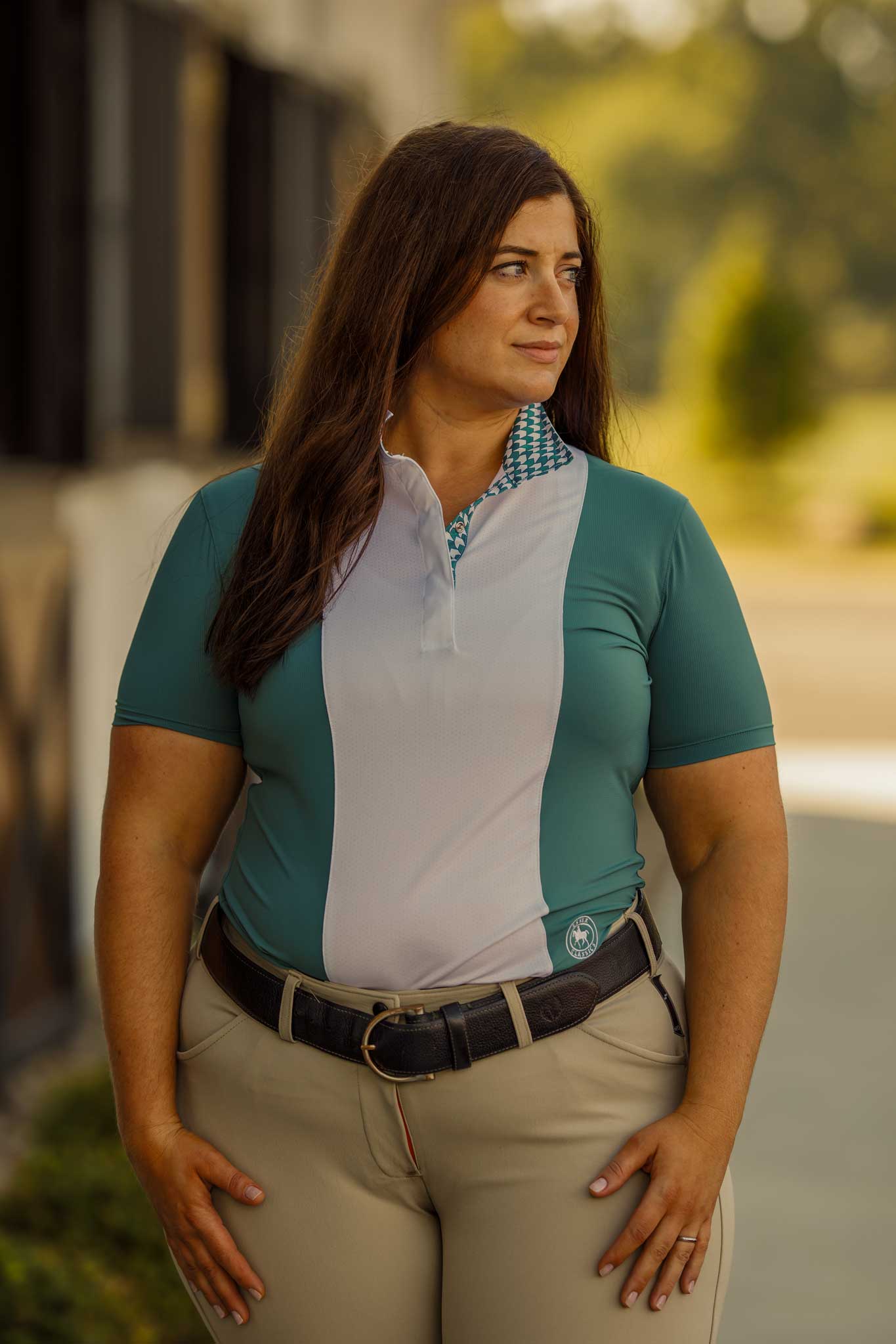 Ladies "Luna II" Forest Green with Geometric Short Sleeve Performance Show Shirt